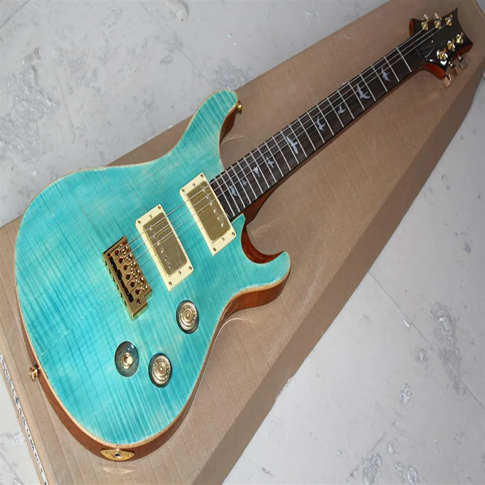 Factory Custom Light Blue Electric Guitar With Gold Hardware Birds Fret Inlay Flame Maple Veneer