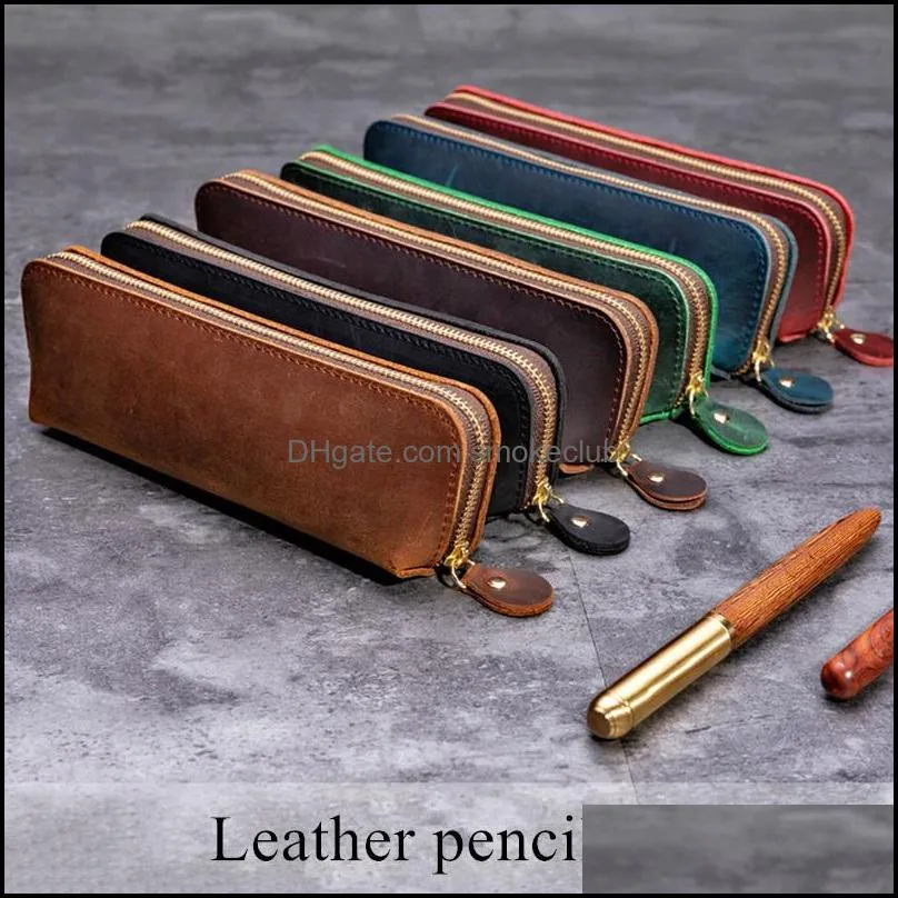 Handmade Genuine Leather Pencil Bag Vintage Retro Cowhide Zipper Pencil Case Pouch Glasses Case Office Stationery Storage Bag