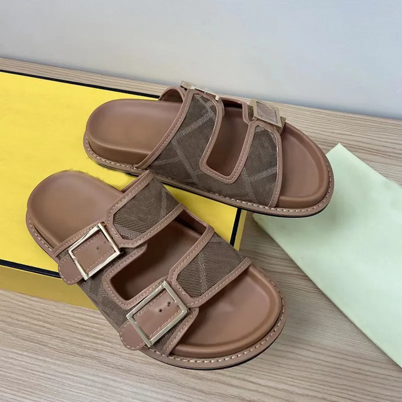 Hombres Mujeres Sandalias Diseñador Playa Lona Diapositivas Zapatos Suelas de goma Correa doble Hebilla plana Zapatillas Mula Zapatos Cuero Verano Chanclas con caja NO394