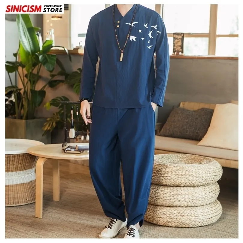 Sinicism Store Chinois Style Tshirt Lâche Survêtement Hommes 2020 Printemps Coton Lin Hommes 2 Pièces Ensembles Mâle Pantalon Solide Survêtement LJ201126