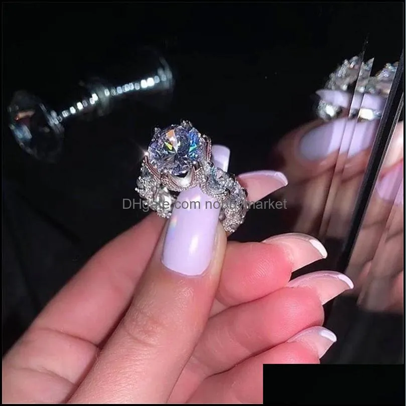 Fashion Silver Color Rhinestone Crystal Love Band Solitaire Rings For Women Diamond CZ Stone Wedding Engagement Finger Ring Vintage Jewelry Accessories