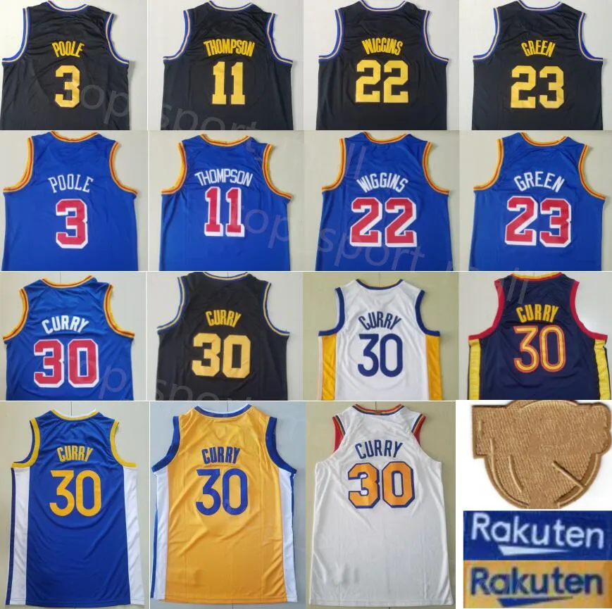 Von Männern genähte Finals-Basketballtrikots Stephen Curry 30 Andrew Wiggins 22 Klay Thompson 11 Draymond Green 23 Poole 3 City Earned Team Blue Yellow Black Rakuten Patch