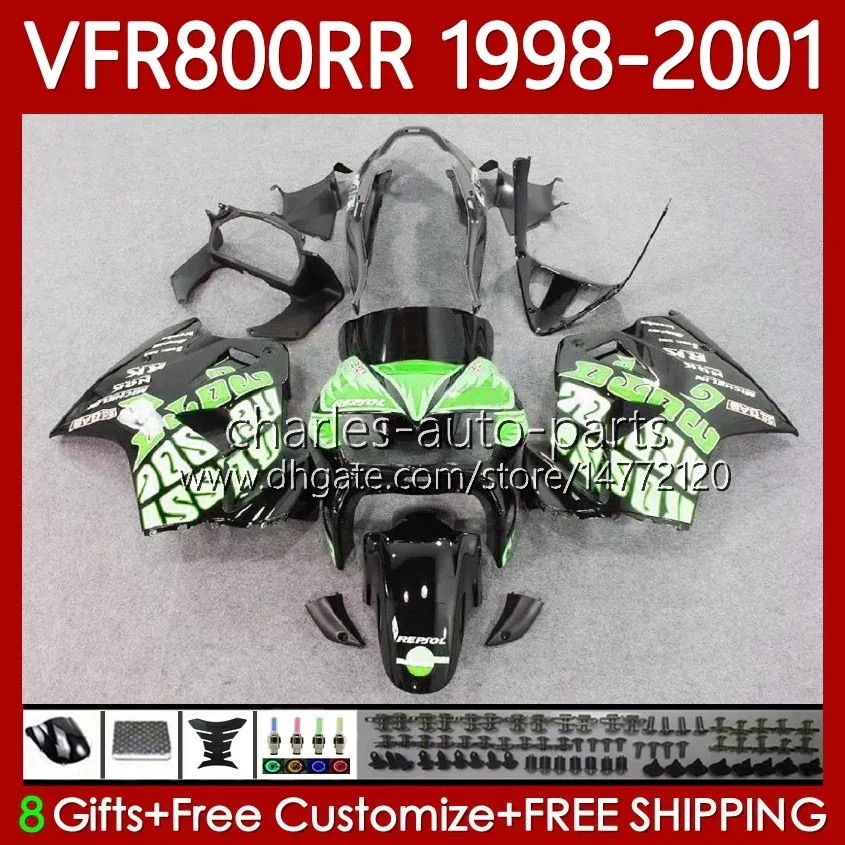 OEM karosseri för Honda VFR800RR Interceptor VFR 800RR 800 CC RR 1998-2001 128NO.116 VFR-800 800CC VFR800R 1998 1999 2000 2001 VFR800 Grön svart RR 98 99 00 01 Fairing