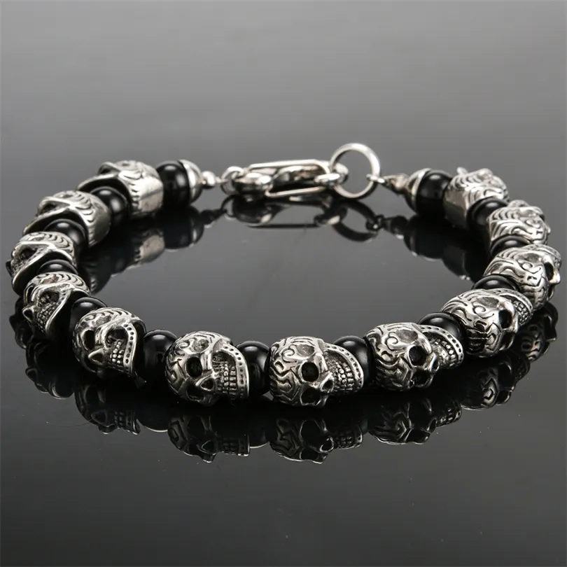 Vintage en acier inoxydable perles de crâne bracelet hommes 8mm pierre naturelle hommes bracelets de perles 2019 hip-hop rock meilleurs amis bijoux T200323