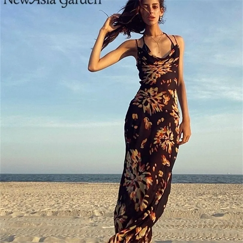 Asia Sexy Long Dress Women Backless Lace Up Beach Party Dresses Summer Resort Style Fireworks Print Elegant Maxi Dress 220509