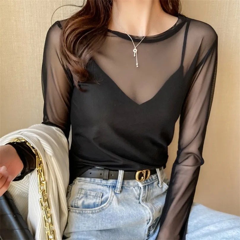 Summer Korean Fashion Mesh T-shirts Women Vintage Transparent Tops for Loose White Office Lady Shirts 220511