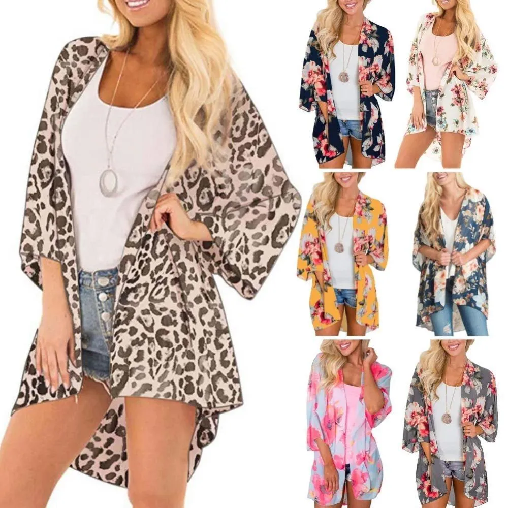 Mujer leopardo gasa playa cubierta estampado floral suelta casual señora manga de murciélago verano cardigan ropa de protección solar