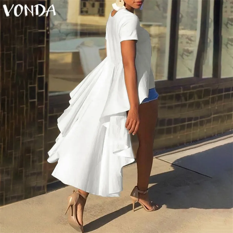 Vonda Tunic Women Blouse 2019カジュアルルーズフリルの非対称性トップ不規則な裾のシャツ女性パーティートッププラスサイズの夏のブルーサT200321