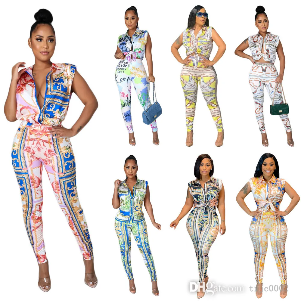 2022 Designer Women Two Piece Pants Set Multicolor Printed Outfits Sexiga ärmlösa blusar Skjorta Luxury Ladies Suit