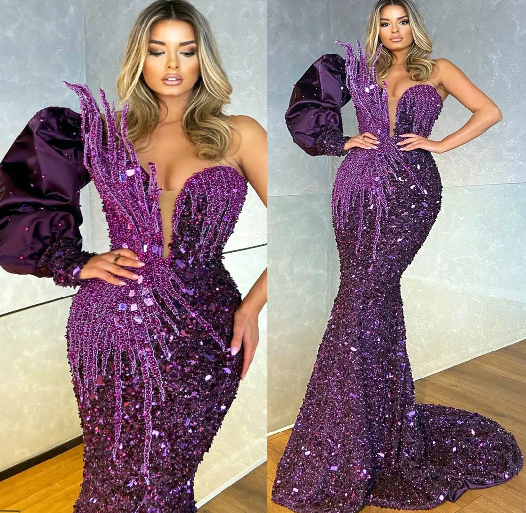 2022 Plus Size Arabic Aso Ebi Purple Mermaid Sparkly Prom Dresses Beaded Crystals Evening Formal Party Second Reception Birthday Engagement Gowns Dress ZJ67