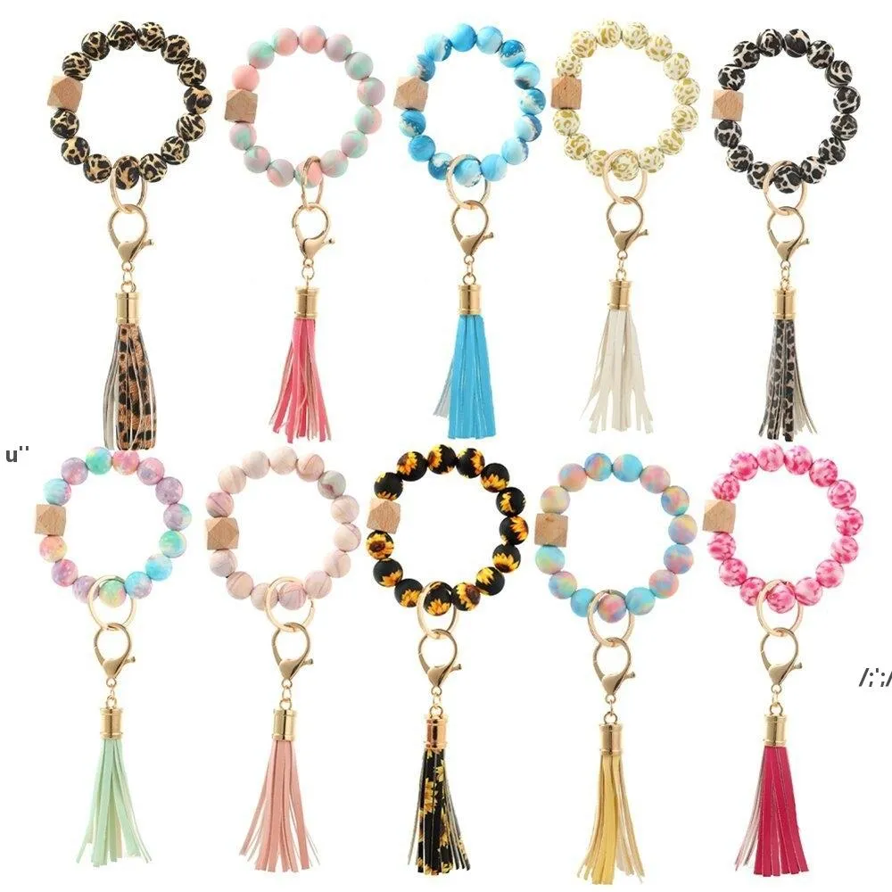 Party Silikon Bead Armband Keyring Suede Tassel Keychain Sunflower Printed Bangle Festival Present Trä Beaded Jewerly Crafts BBB14683