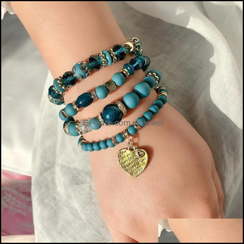 fashion bohemian bead bracelet charm jewelry for women girls multilayer stretch bracelets set heart pendant bangle 4 colors