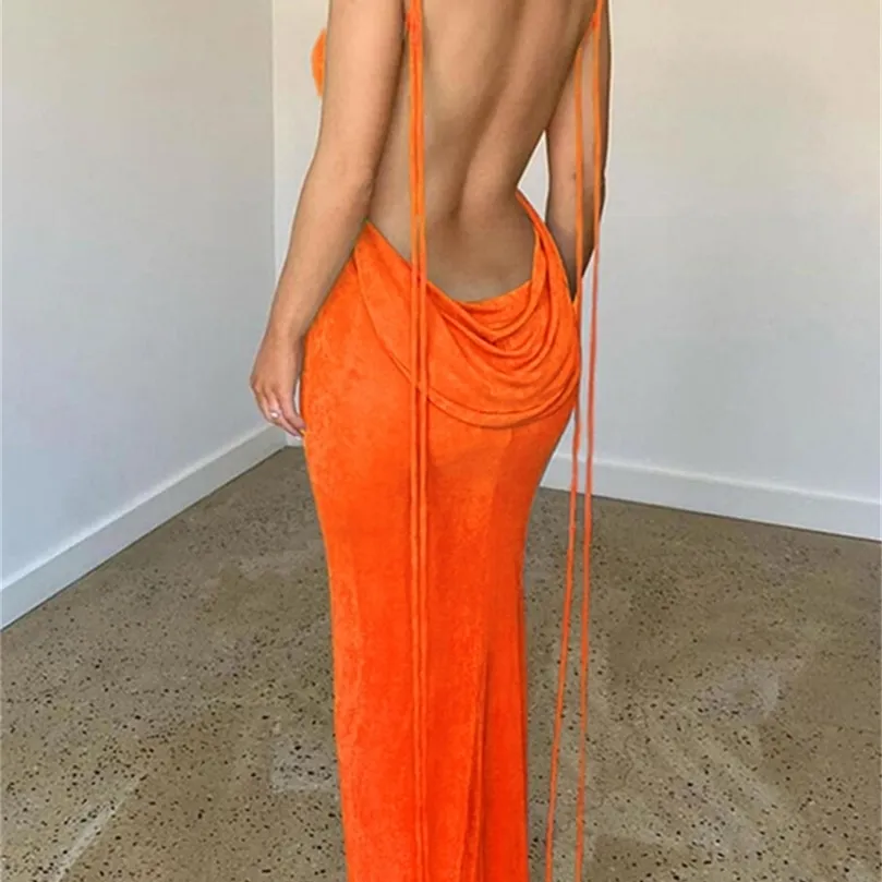 Backless Maxi Dress Sexy Orange Spaghetti Strap Slim Dress for Women Long Club Party Beach Dress Summer Blue Outfits 220601