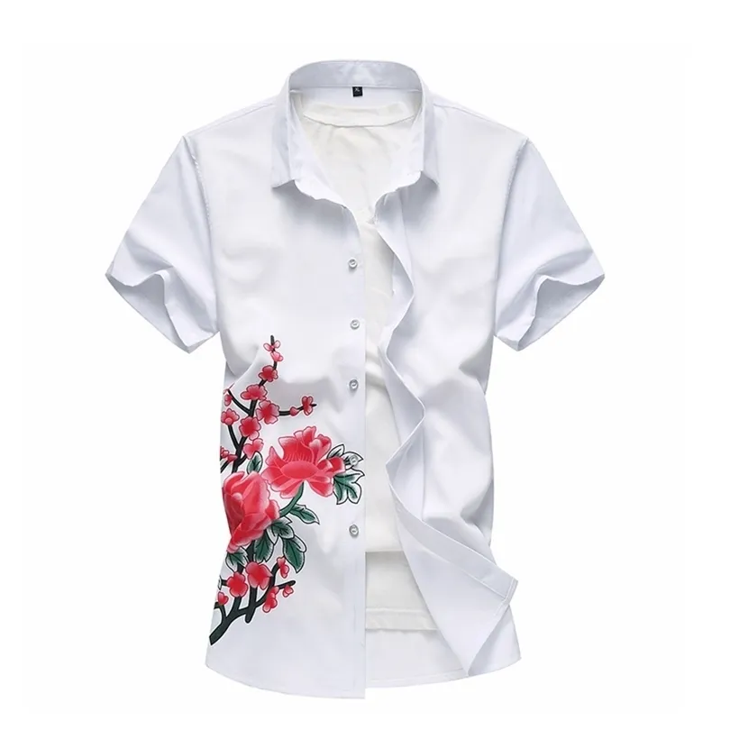 Camisas florais de verão quente Camisas florais de manga curta Camisas brancas de algodão e machos de flores casuais tops Plus Size 5xl 6xl 7xl 210412