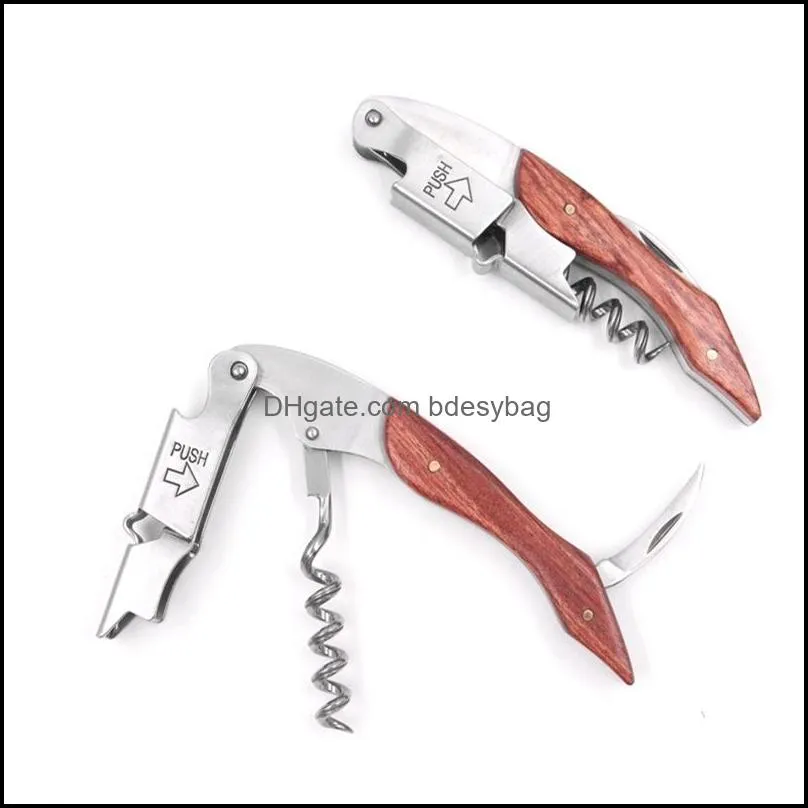 1pcs hippocampal knife stainless steel red wine wood bottle openers multi function beer screw corkscrew can opener leather case & 275c
