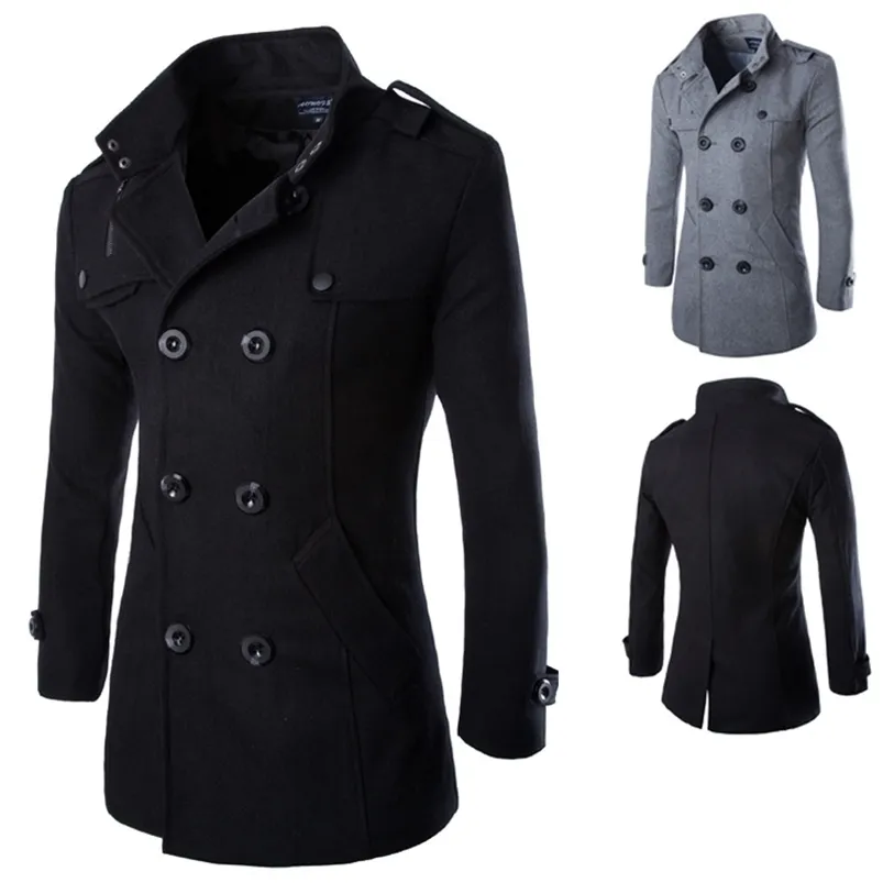 M Men s Coat Stylish Wool Blend Double Breasted Long Pea Coat Warm Winter Coats Jackor Outwear LJ201106