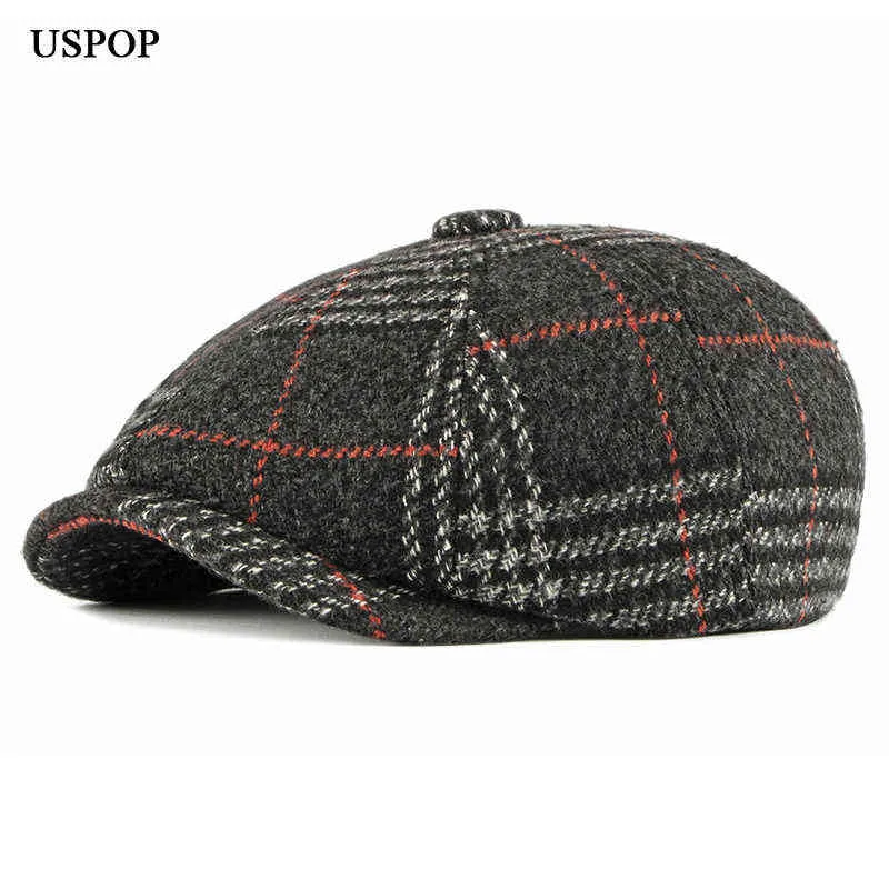 USPOP Erkekler Kış Beraları Ekose yün Beret Şapka Erkek Vintage Visor Kapakları Kalın Savaş Şapkası J220722