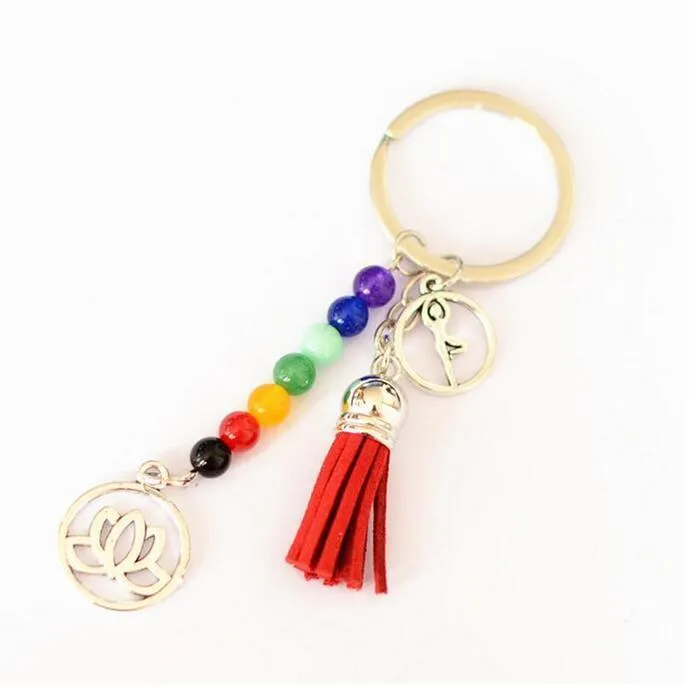 Seven Chakra Stone Tassel Keychain Pendant Lotus Reiki Healing Yoga Natural Gemstone Beaded Key Chain Creative Keyring