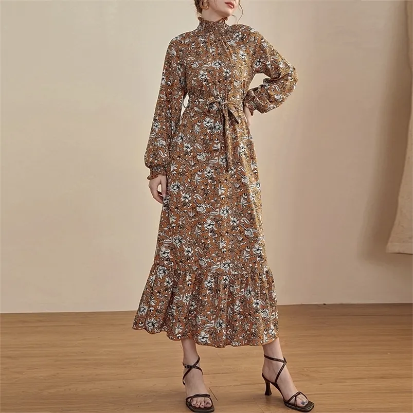 lente mode print slanke jurk staande kraag jurken voor vrouwen taille chiffon bloemen knie lange vestidos groothandel 220516
