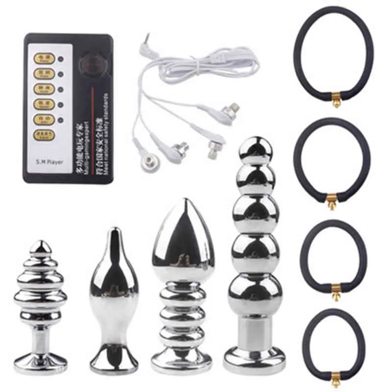 Nxy Anal Brinquedos 4 Pçs / Set Choque Elétrico Metal Plug Sex Toy Sanal Vaginal Pulso Massagem Masturbação Dispositivo Bipolar Estimulação 220420