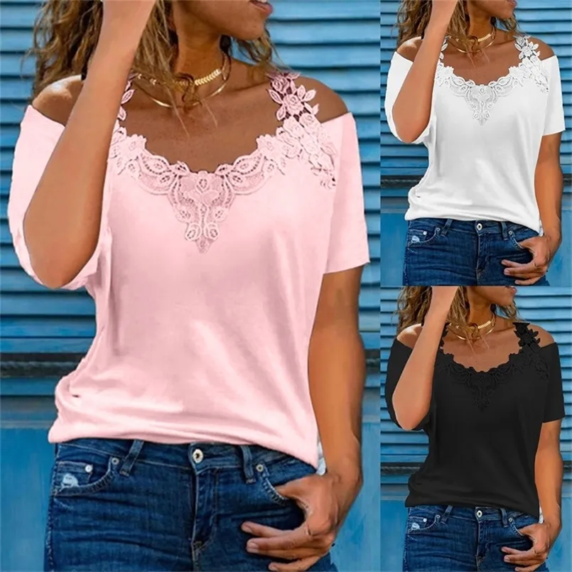 Summer Sexy Lace Blus Elegant Female V Neck Slim Streetwear Dress Shirts Ladies Casual Poullover Off Shoulder Tee Party Tops 220623