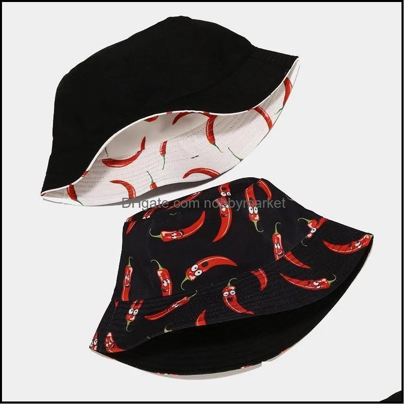 Berets Cotton Pepper Print Bucket Hat Fisherman Outdoor Travel Sun Cap Hats For Men And Women 347