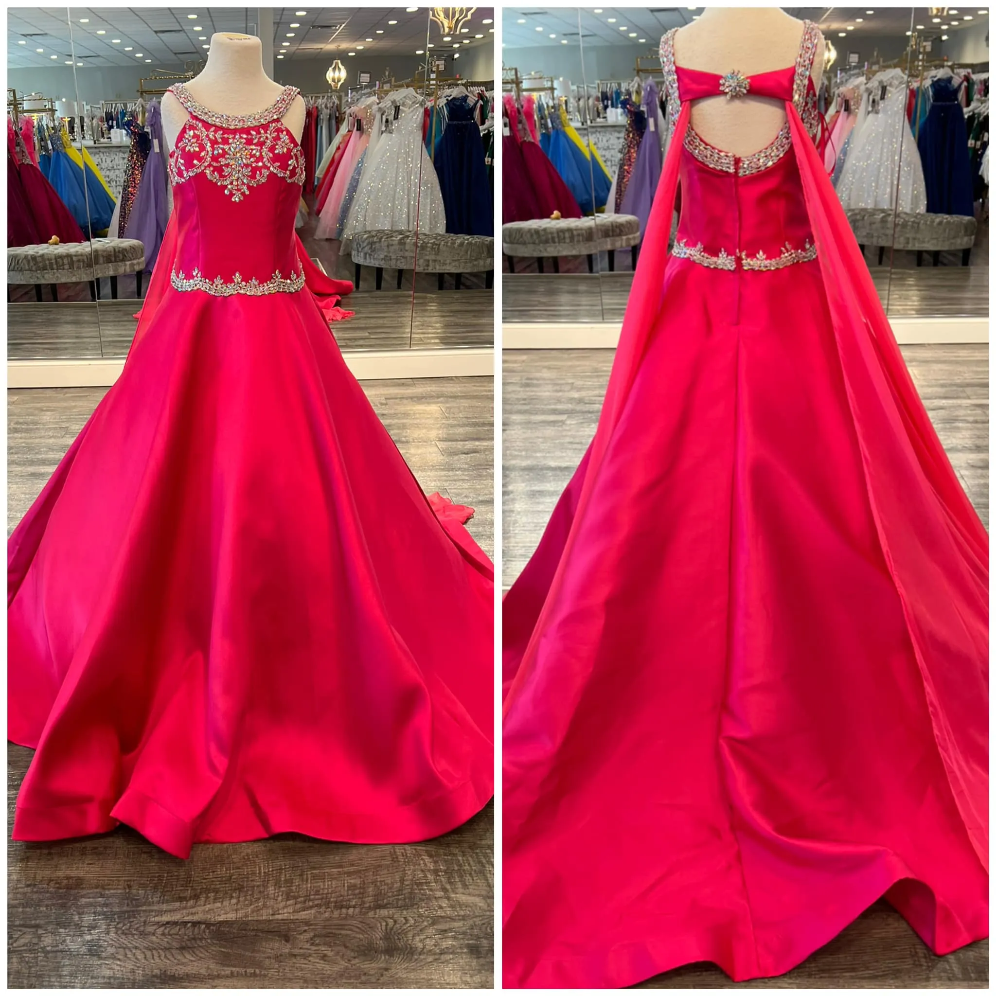 Red Satin Pageant Dress for Teens Juniors 2022 Cape Beading Neck Bling AB Stones Crystals Long Formal Event Party Gown for Little Girl Keyhole Zipper rosie White