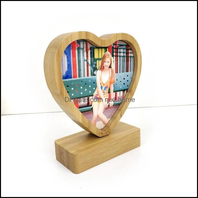 Bamboos Sublimation Blank Photo Frame With Base DIY Double Sided Wood Love Heart Round Frames Magnetism Picture Painting Decoration 13bd