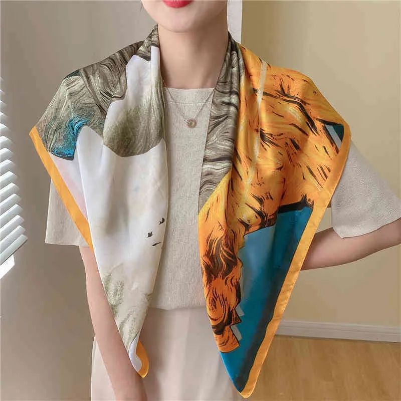 5NM0 2022 spring letter imitation silk scarf Satin 90cm large square decorative multifunctional sunscreen High version category Trendy