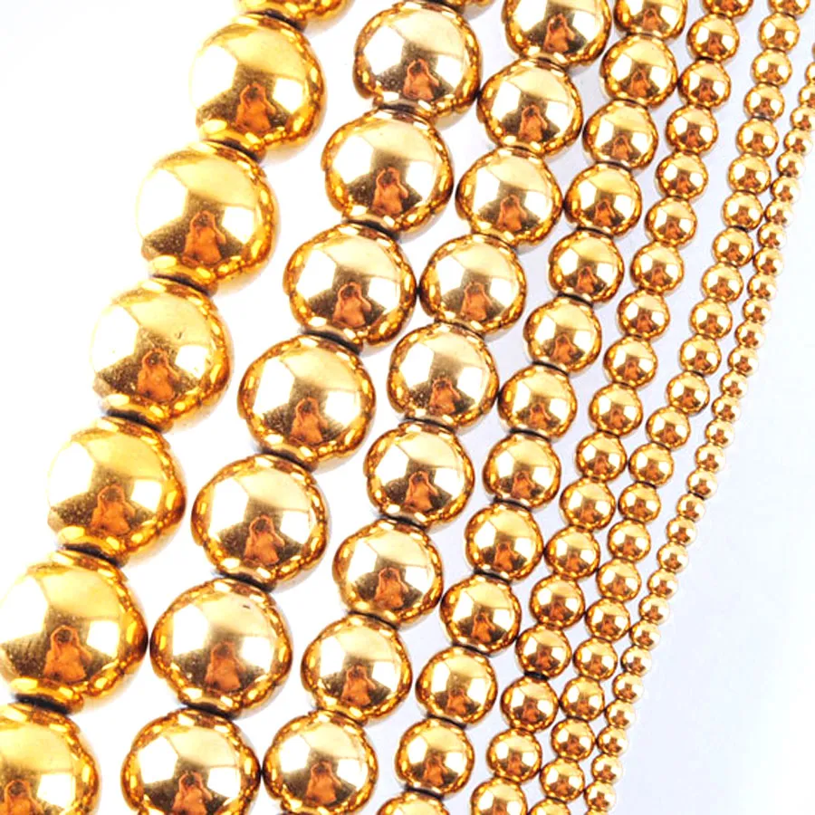 WOJIAER Gold, keine magnetischen Materialien, Hämatitstein, runde Kugelperlen, 2, 3, 4, 6, 8, 10, 12 mm, für DIY-Schmuckherstellung, Halskette, Armband, BL303