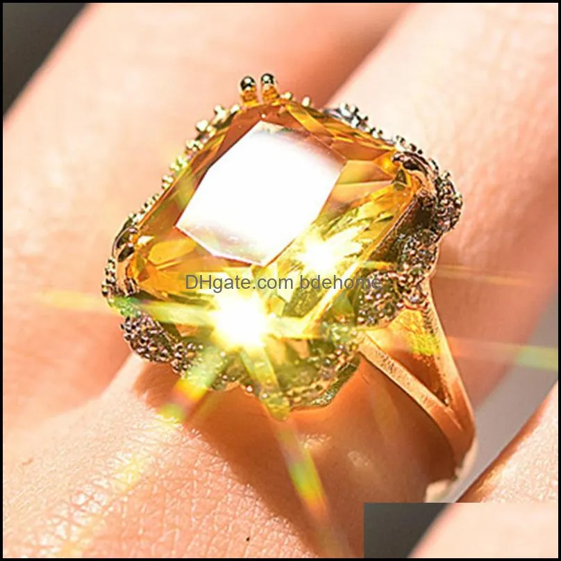 Square Yellow Cyrstal Engagement Band Ring Champagne Big Zircon Rings For Women Vintage Jewelry