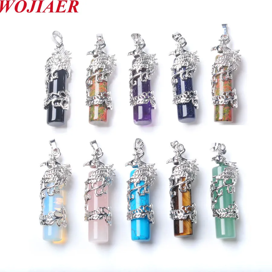 WOJIAER Vintage Natuurlijke Hanger Phoenix Vogel Kolom voor Vrouwen Blauw Zand Tigers Eye Chakra Slinger Sieraden Ketting Gift BE915