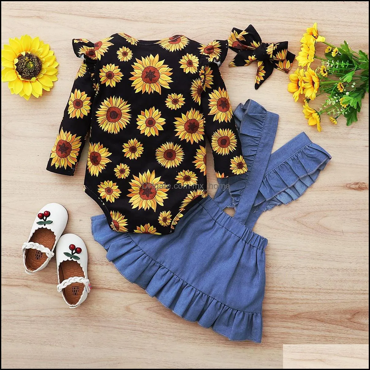 kids clothing sets girls outfits infant sunflower print romper tops ruffle strap dress headband 3pcs/set summer spring autumn fashion baby clothes