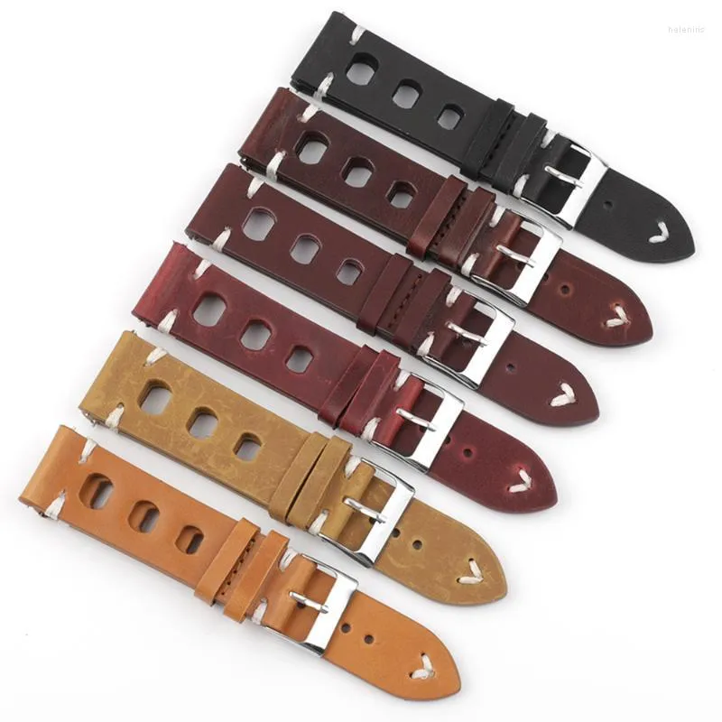 Assista Bandas Solid Color WatchBand Band genuíno Costura de couro Gireps vintage para homens Bandas de vigia 18mm 20mm 22mm 24mm Hele22
