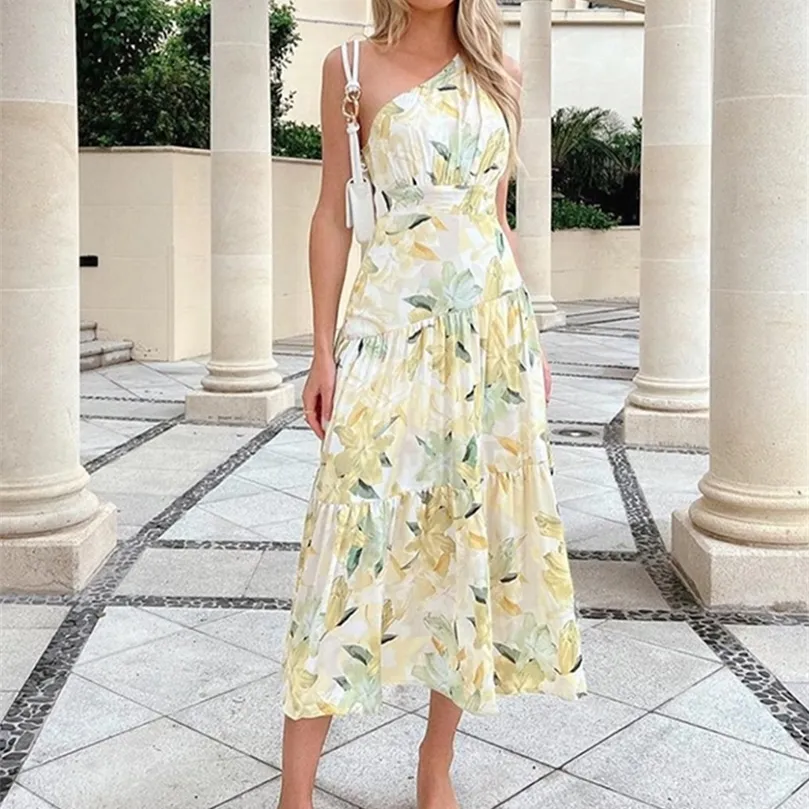 Foridol Bir omuz kolsuz Boho Floral Elbise Maxi Uzun Yaz Zarif Bayanlar Baskılı Turuncu A-Line Plaj Elbise Vestidos 220511