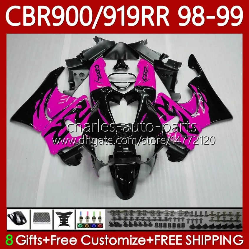 Kit carrosserie noir rose pour HONDA CBR919RR CBR 919RR 900RR CBR919 CBR900 RR 1998 1999 Carrosserie 127No.112 900CC 919CC CBR900RR 98-99 CBR 900 919 RR CC 98 99 ABS OEM Carénage