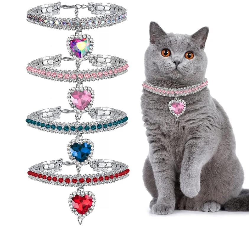 Diamond Pet Collar Dog Cat Crystal Love Heart Pendant Neckalce Luxry Animal Puppy kitten Charms Beautiful Rhinestone Jewelry Adjustable