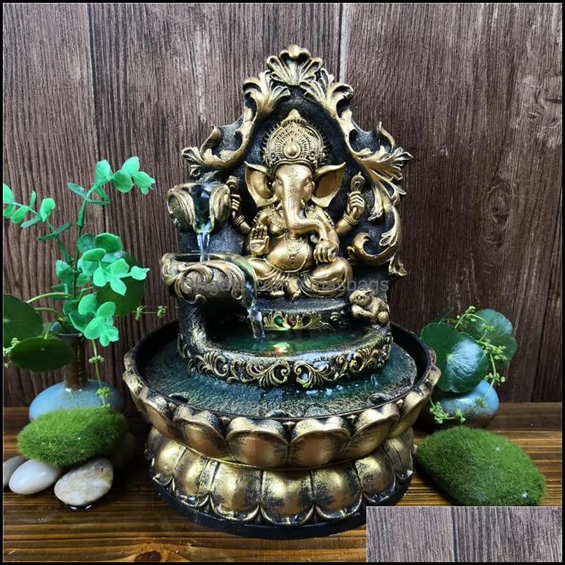 Strumenti artigianali Arti e mestieri Regali Giardino domestico Statua indù Ganesha fatta a mano Fontana d'acqua interna Decorazioni per paesaggi acquatici a led Feng Shui fortunato