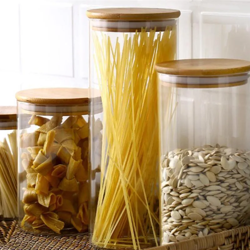 Bouteilles de stockage, bocaux, 1 ensemble 2 pièces, caddie à thé en verre, récipients alimentaires avec couvercle en bambou (Transparent)