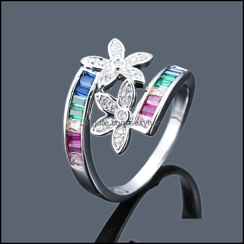 Cute Rainbow Zircon Stone Ring Silver Yellow Gold Color Flower Love Rings For Women Lady Romantic Promise Wedding Party Jewelry