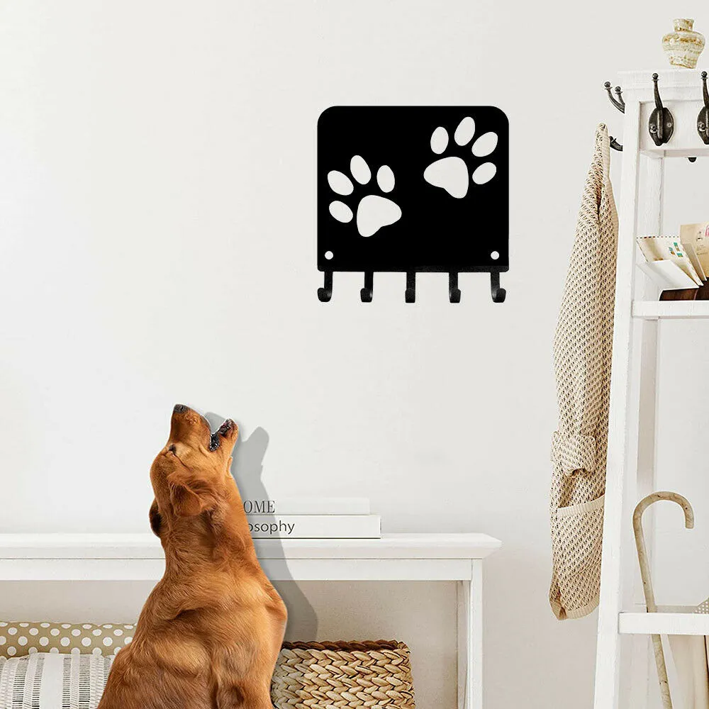 Paw Print Key Rack Hanger & Dog Leash Organizer - 6 inch Wide Metal Wall Art