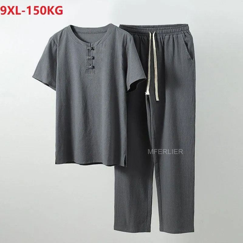 Мужские футболки летняя льняная футболка и брюки мужской китайский стиль футболка с коротким рукавом костюм плюс 5xl 7xl 8xl 9xl Vintage негабаритный