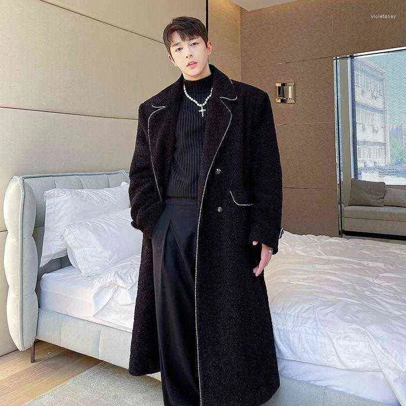 Men's Wool & Blends 2022 Notched Long High-quality Woolen Heavy Industrial Metal Beaded Double Breasted Coat Autumn Winter Fashion Chic Viol T220810