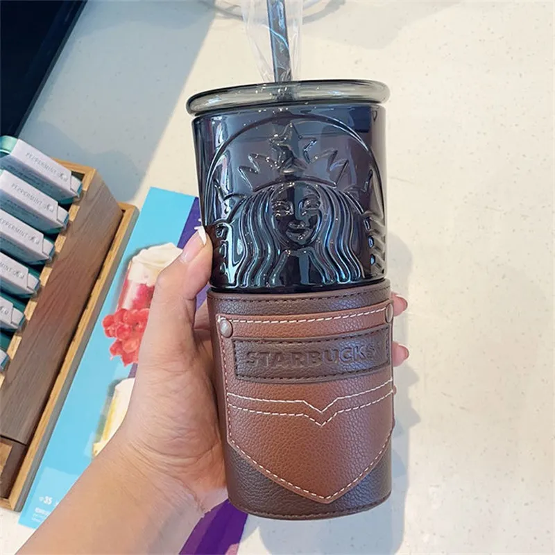 Die neueste Becher Starbuck Glass Black Lederhülse Strohkaffeetasse Unterstützung Custom Logo 5918 Q2