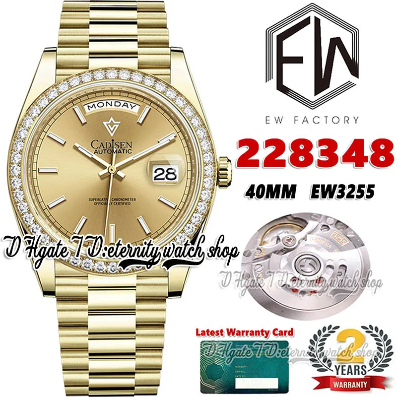 EWF V3 ew228348 ew3255 Automatik-Herrenuhr 40 mm Gelbgold-Diamant-Lünette Schwarzes strukturiertes Stick-Zifferblatt 904L Präsidentenarmband Gleiche Serienkarte Ewigkeitsuhren