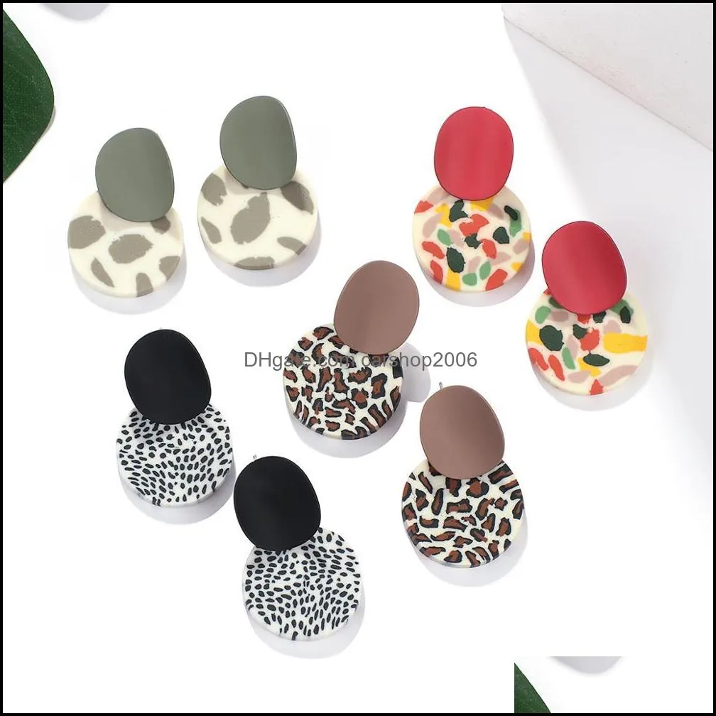 Charm Trendy Unique Polymer Clay Charms Leopard Pendientes colgantes para mujeres Lindo Mti-Color Colgante redondo Cuelga Pendiente Joya Dhseller2010 Dhprt