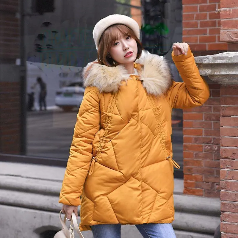 Moda coreana 2022 Mulher de inverno Azul roxo bege amarelo Big pêlo com capuz casaco parka solto casacos de parkas acolchoados para mulheres Kare22