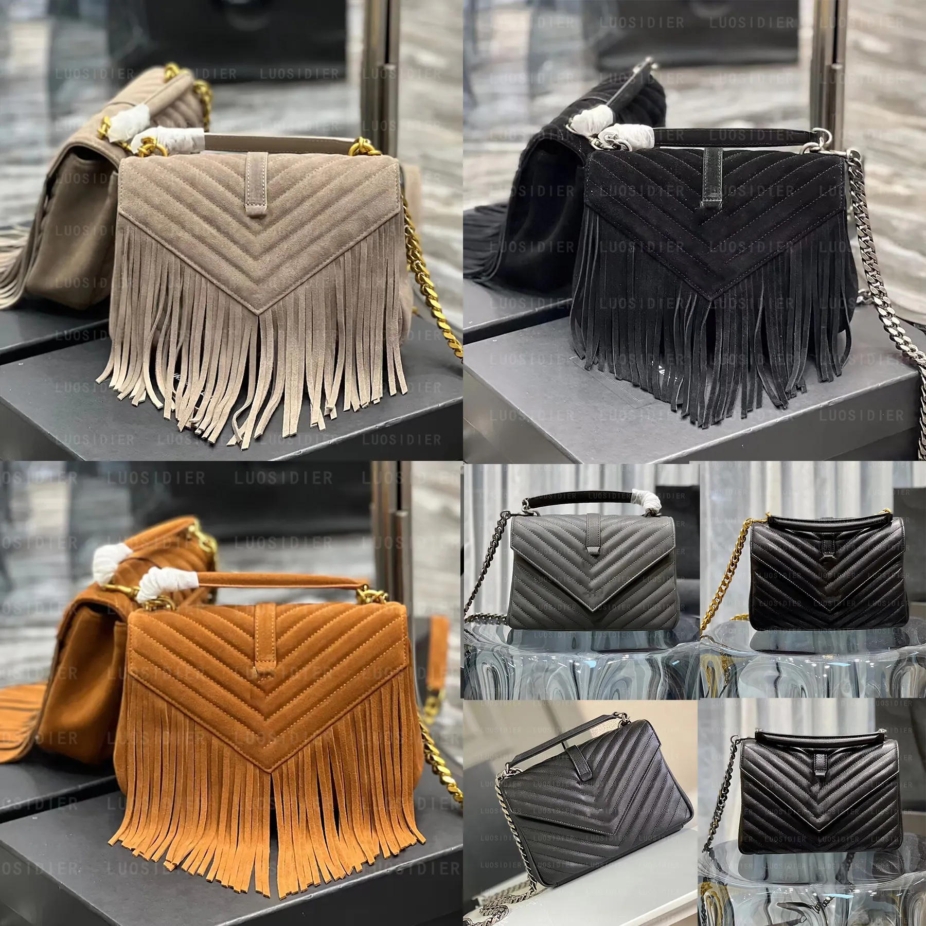 Borsa college media a catena in pelle scamosciata con frange impunture trapuntate a chevron manico superiore tracolla in pelle borsa a tracolla di lusso Designers Vera pelle