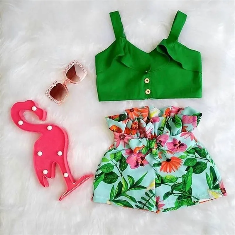 Летняя малышка Baby Girl Ruffle Vest Tops Tops Floral Print Bandage Shorts 2pcs наряды Set Ordet 16y Drop 220615