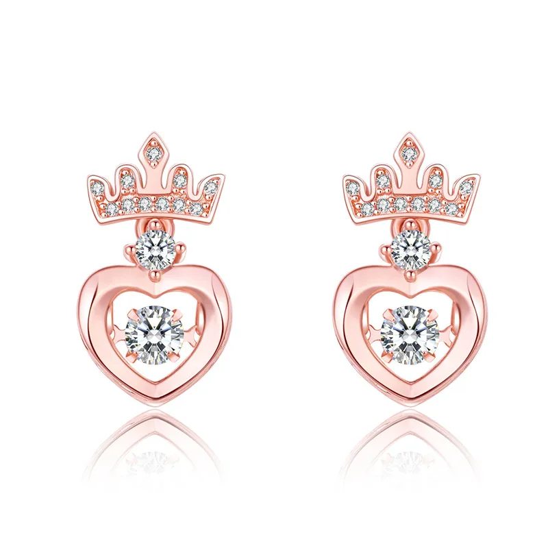 Boucle d'oreille en forme de cœur en or Rose pour femmes, élégant, AAA, Zircon palpitant, doux, mignon, romantique, couronne, bijoux d'oreille pour fille, boucles d'oreilles en argent